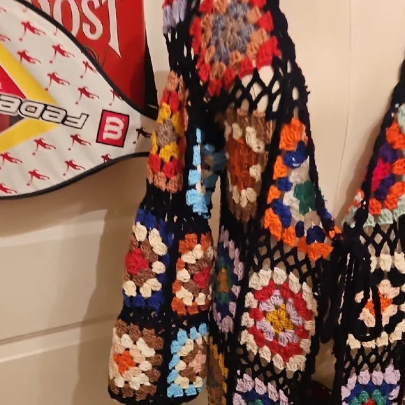 Colorful Crochet Open-Front Long Maxi Hand Crafted Cardigan - Picture 4 of 10